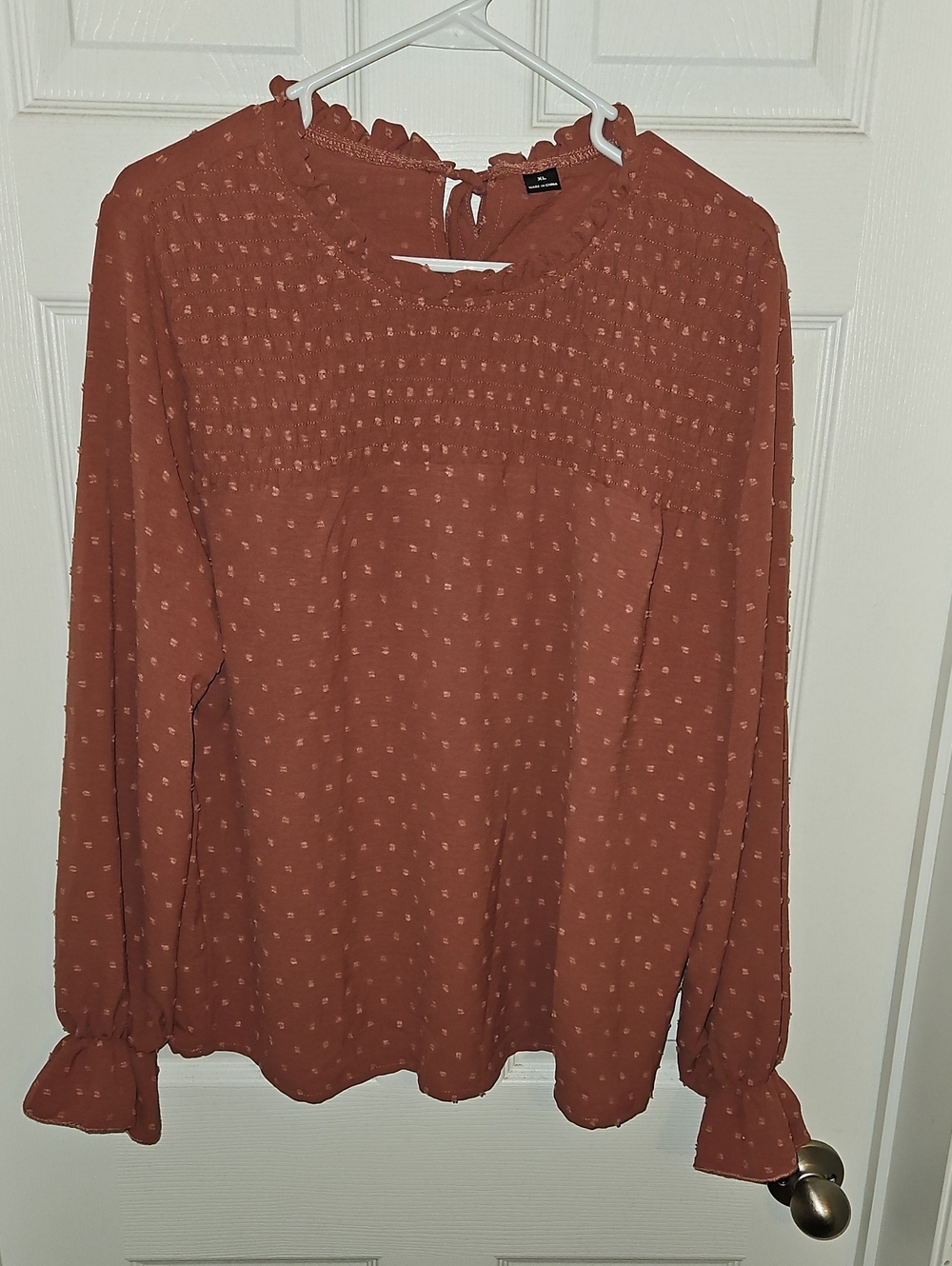Women's Rust Swiss Dot Long-Sleeve Blouse